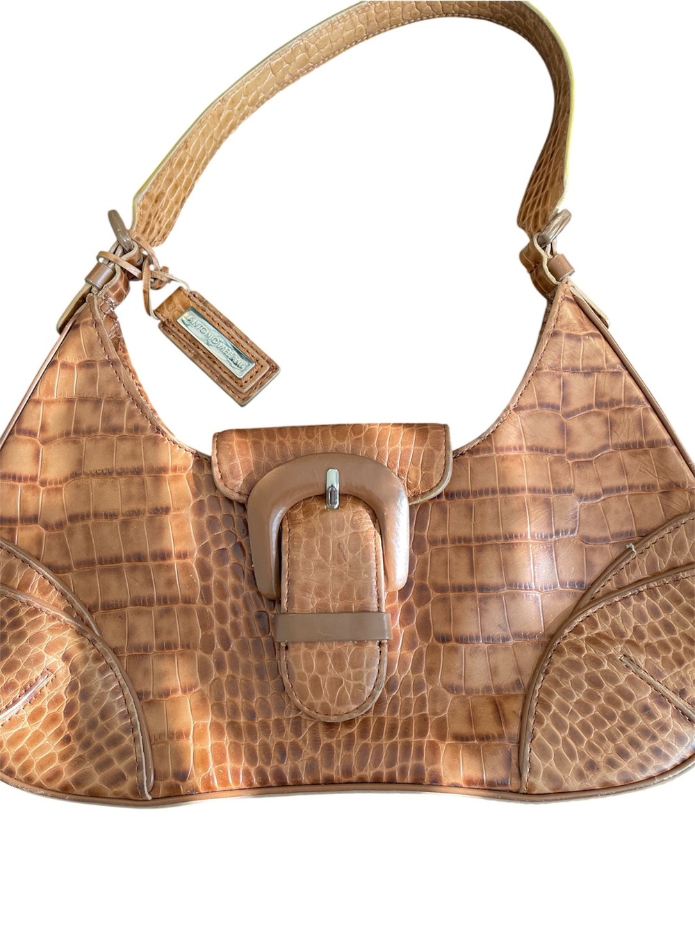Antonio Melani Tan Croc-Embossed Leather Shoulder Bag with Buckle Accent